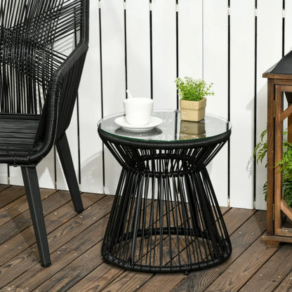Outsunny Round End Table, Rattan Side Table, Hollow Drum Design Coffee Table w/ Glass Tabletop for Patio, Garden, Balcony