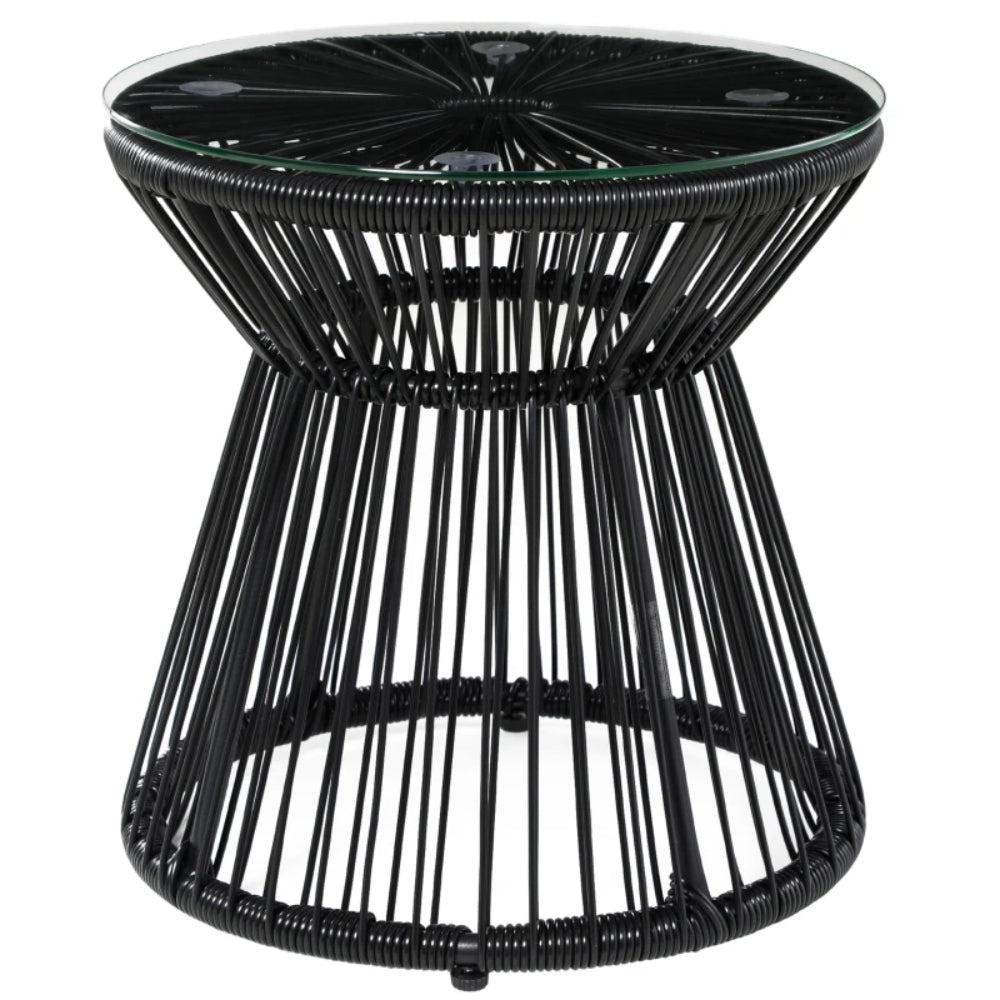Outsunny Round End Table, Rattan Side Table, Hollow Drum Design Coffee Table w/ Glass Tabletop for Patio, Garden, Balcony