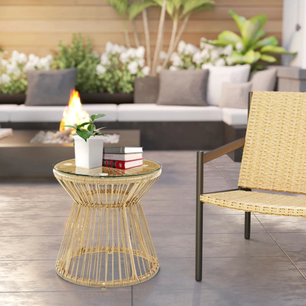 Outsunny Round End Table, Rattan Side Table, Hollow Drum Design Coffee Table w/ Glass Tabletop for Patio, Garden, Balcony