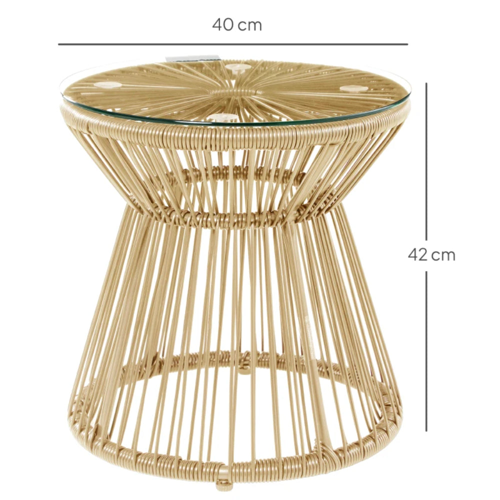 Outsunny Round End Table, Rattan Side Table, Hollow Drum Design Coffee Table w/ Glass Tabletop for Patio, Garden, Balcony