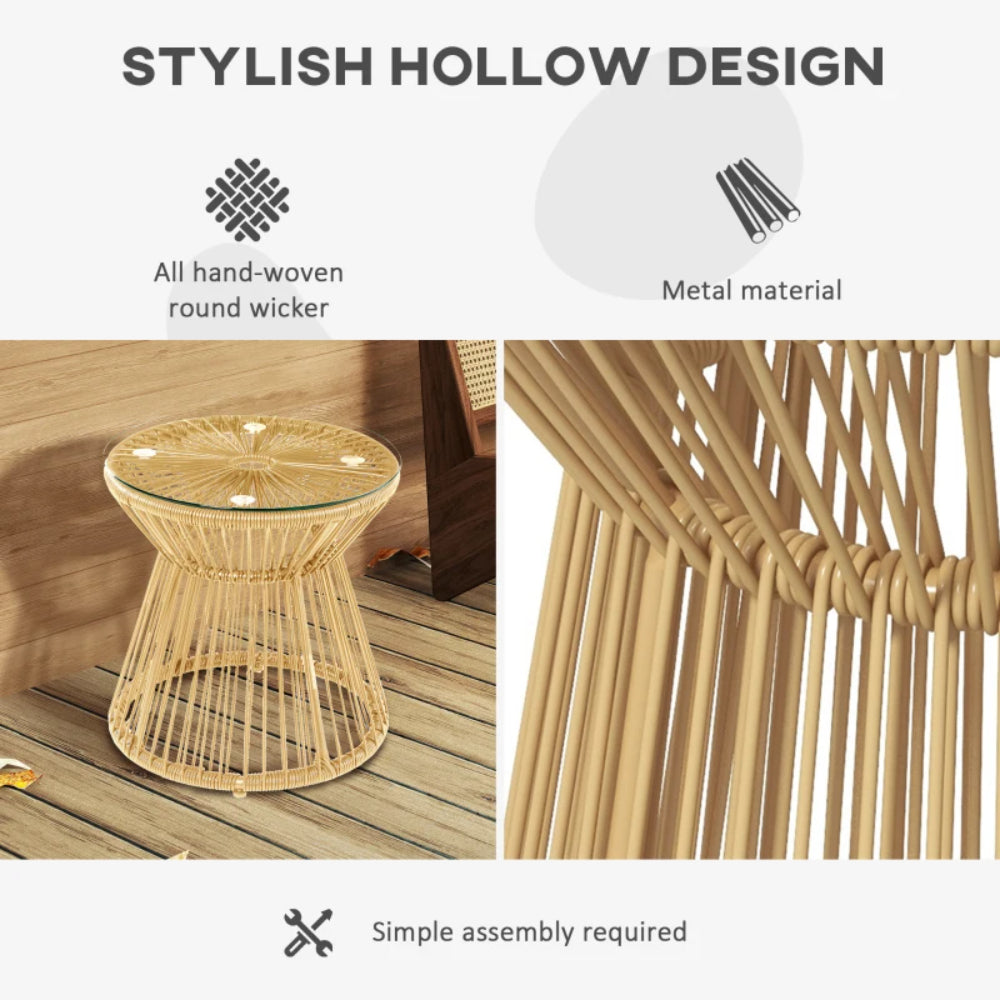 Outsunny Round End Table, Rattan Side Table, Hollow Drum Design Coffee Table w/ Glass Tabletop for Patio, Garden, Balcony