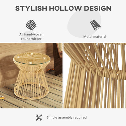 Outsunny Round End Table, Rattan Side Table, Hollow Drum Design Coffee Table w/ Glass Tabletop for Patio, Garden, Balcony