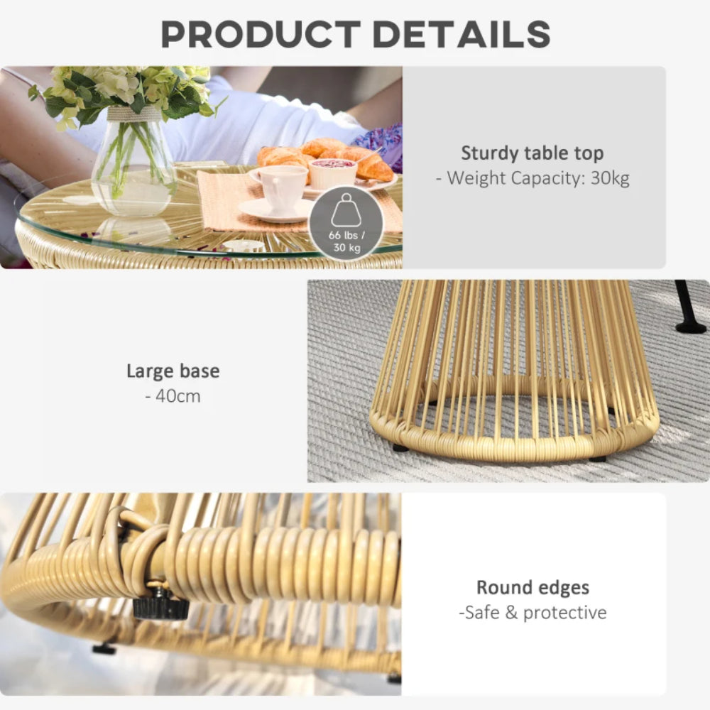 Outsunny Round End Table, Rattan Side Table, Hollow Drum Design Coffee Table w/ Glass Tabletop for Patio, Garden, Balcony