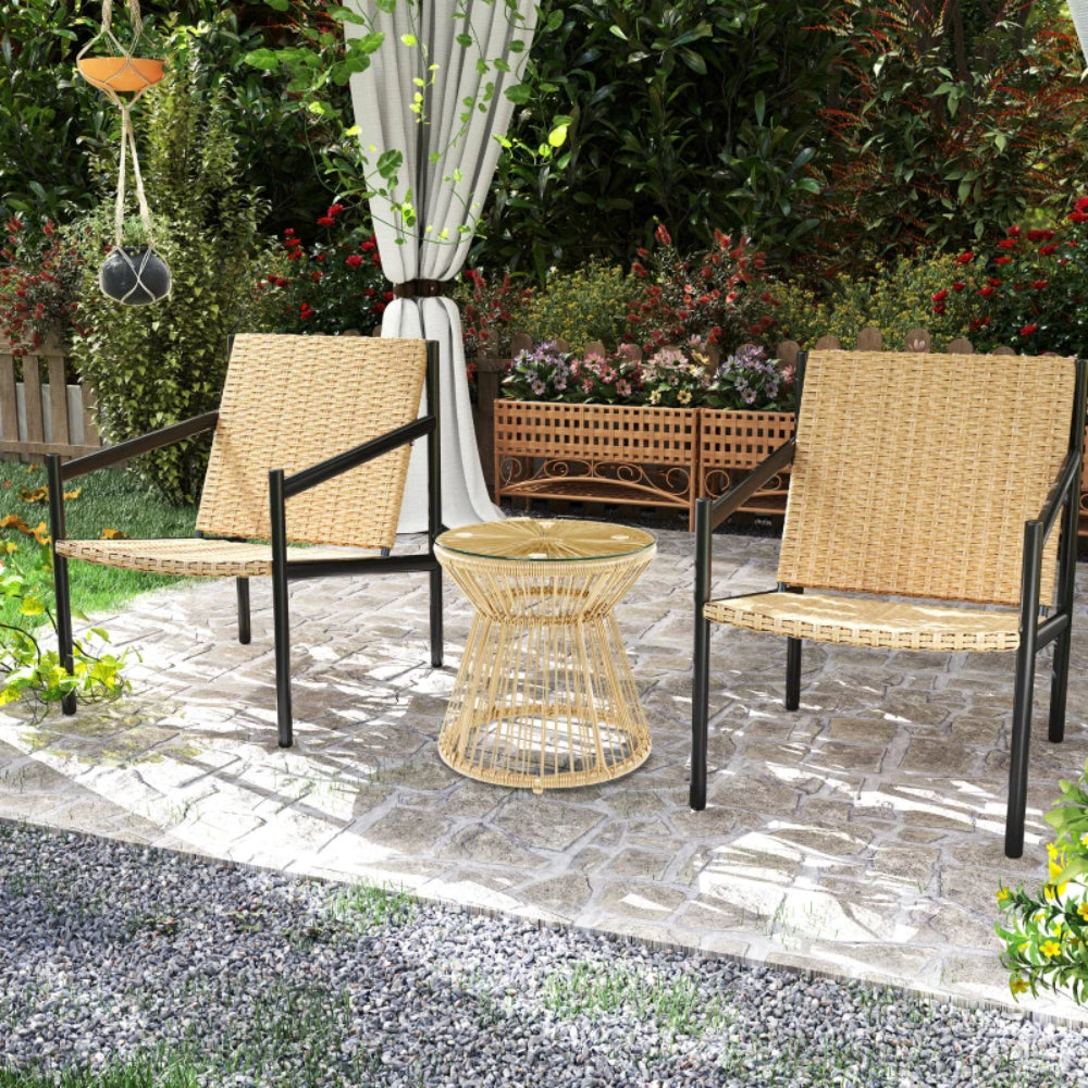 Outsunny Round End Table, Rattan Side Table, Hollow Drum Design Coffee Table w/ Glass Tabletop for Patio, Garden, Balcony