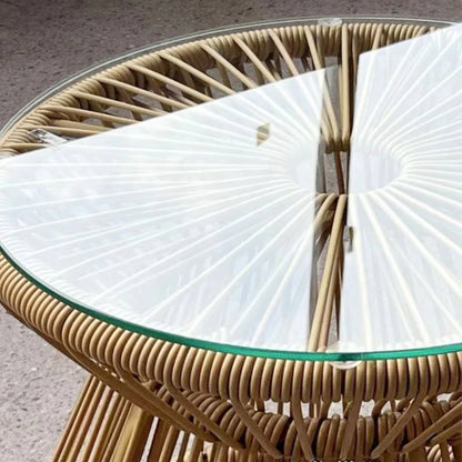 Outsunny Round End Table, Rattan Side Table, Hollow Drum Design Coffee Table w/ Glass Tabletop for Patio, Garden, Balcony