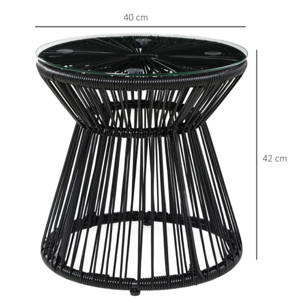 Outsunny Round End Table, Rattan Side Table, Hollow Drum Design Coffee Table w/ Glass Tabletop for Patio, Garden, Balcony