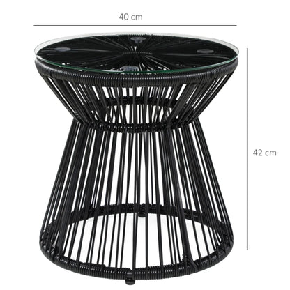 Outsunny Round End Table, Rattan Side Table, Hollow Drum Design Coffee Table w/ Glass Tabletop for Patio, Garden, Balcony