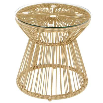 Outsunny Round End Table, Rattan Side Table, Hollow Drum Design Coffee Table w/ Glass Tabletop for Patio, Garden, Balcony