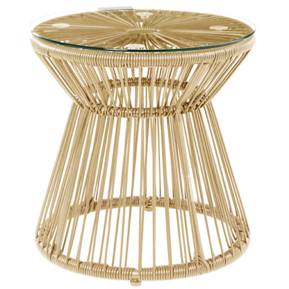Outsunny Round End Table, Rattan Side Table, Hollow Drum Design Coffee Table w/ Glass Tabletop for Patio, Garden, Balcony