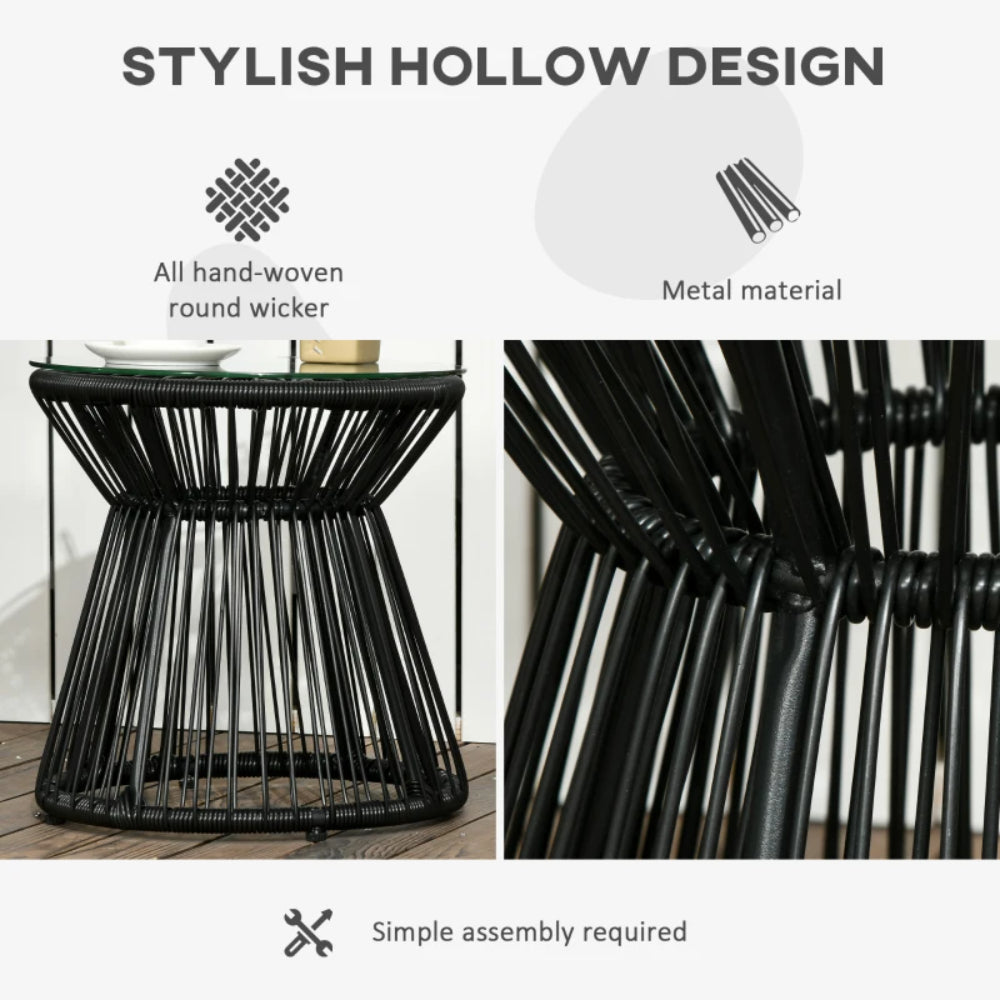 Outsunny Round End Table, Rattan Side Table, Hollow Drum Design Coffee Table w/ Glass Tabletop for Patio, Garden, Balcony