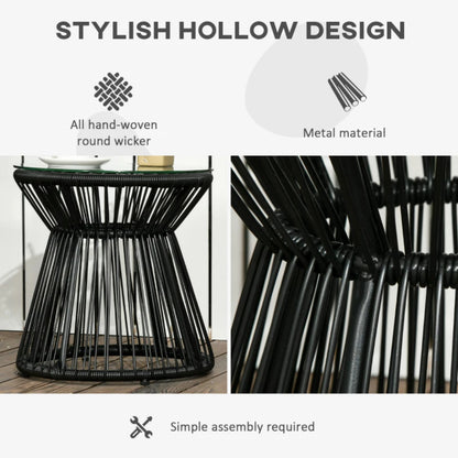 Outsunny Round End Table, Rattan Side Table, Hollow Drum Design Coffee Table w/ Glass Tabletop for Patio, Garden, Balcony