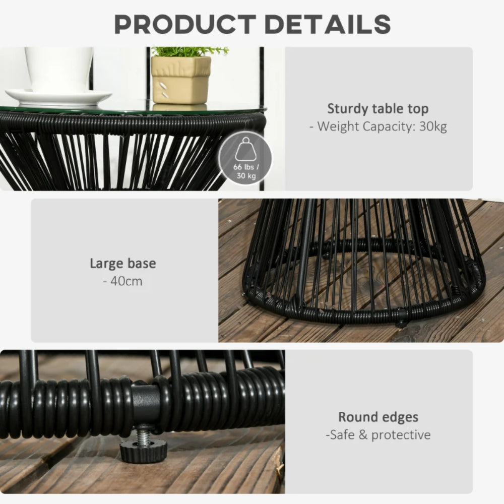Outsunny Round End Table, Rattan Side Table, Hollow Drum Design Coffee Table w/ Glass Tabletop for Patio, Garden, Balcony