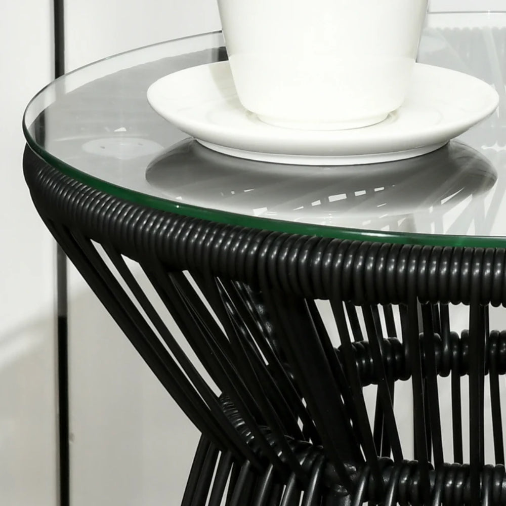 Outsunny Round End Table, Rattan Side Table, Hollow Drum Design Coffee Table w/ Glass Tabletop for Patio, Garden, Balcony