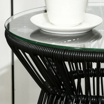 Outsunny Round End Table, Rattan Side Table, Hollow Drum Design Coffee Table w/ Glass Tabletop for Patio, Garden, Balcony