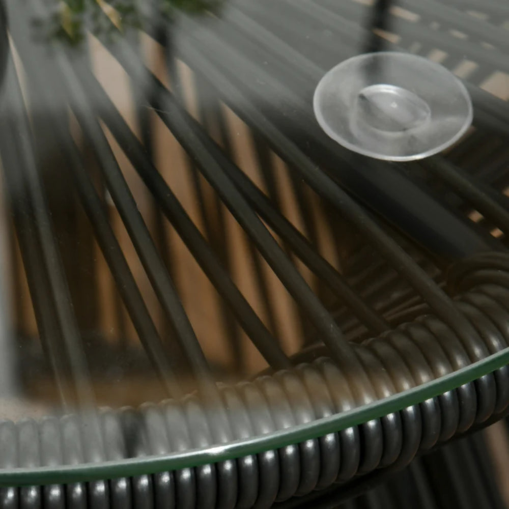 Outsunny Round End Table, Rattan Side Table, Hollow Drum Design Coffee Table w/ Glass Tabletop for Patio, Garden, Balcony