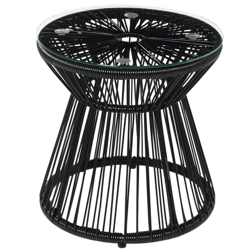 Outsunny Round End Table, Rattan Side Table, Hollow Drum Design Coffee Table w/ Glass Tabletop for Patio, Garden, Balcony