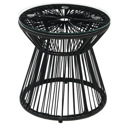 Outsunny Round End Table, Rattan Side Table, Hollow Drum Design Coffee Table w/ Glass Tabletop for Patio, Garden, Balcony
