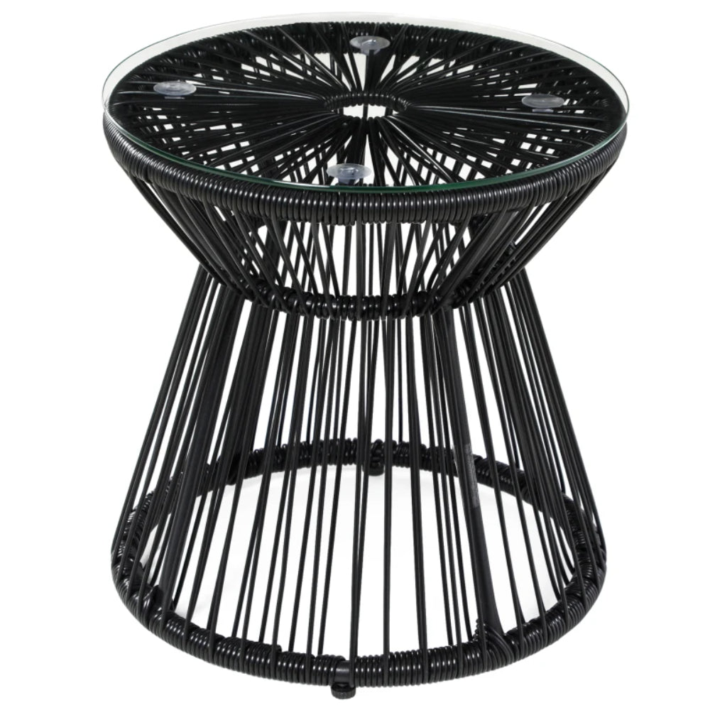 Outsunny Round End Table, Rattan Side Table, Hollow Drum Design Coffee Table w/ Glass Tabletop for Patio, Garden, Balcony