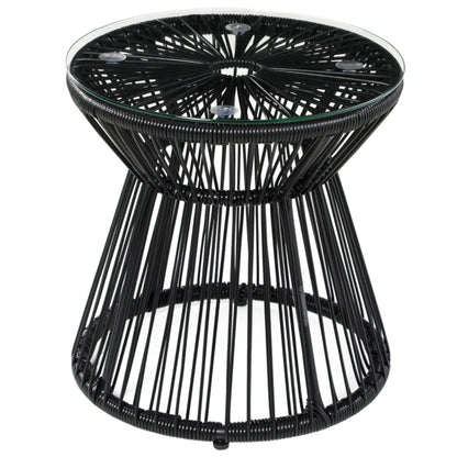 Outsunny Round End Table, Rattan Side Table, Hollow Drum Design Coffee Table w/ Glass Tabletop for Patio, Garden, Balcony
