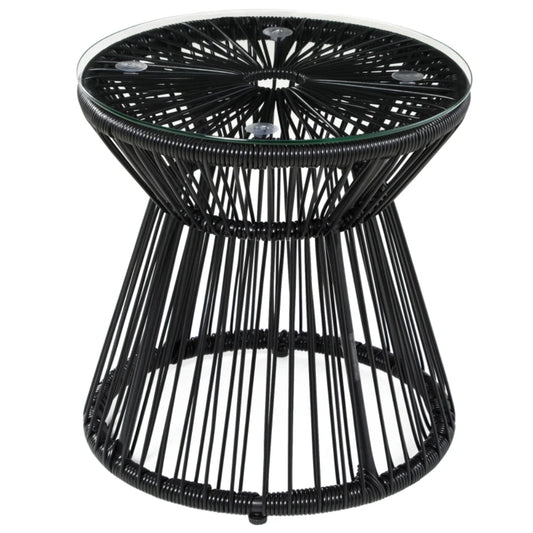 Outsunny Round End Table, Rattan Side Table, Hollow Drum Design Coffee Table w/ Glass Tabletop for Patio, Garden, Balcony