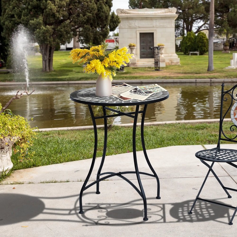 Outsunny Round Mosaic Tabletop Garden Table - Grey/Black 1