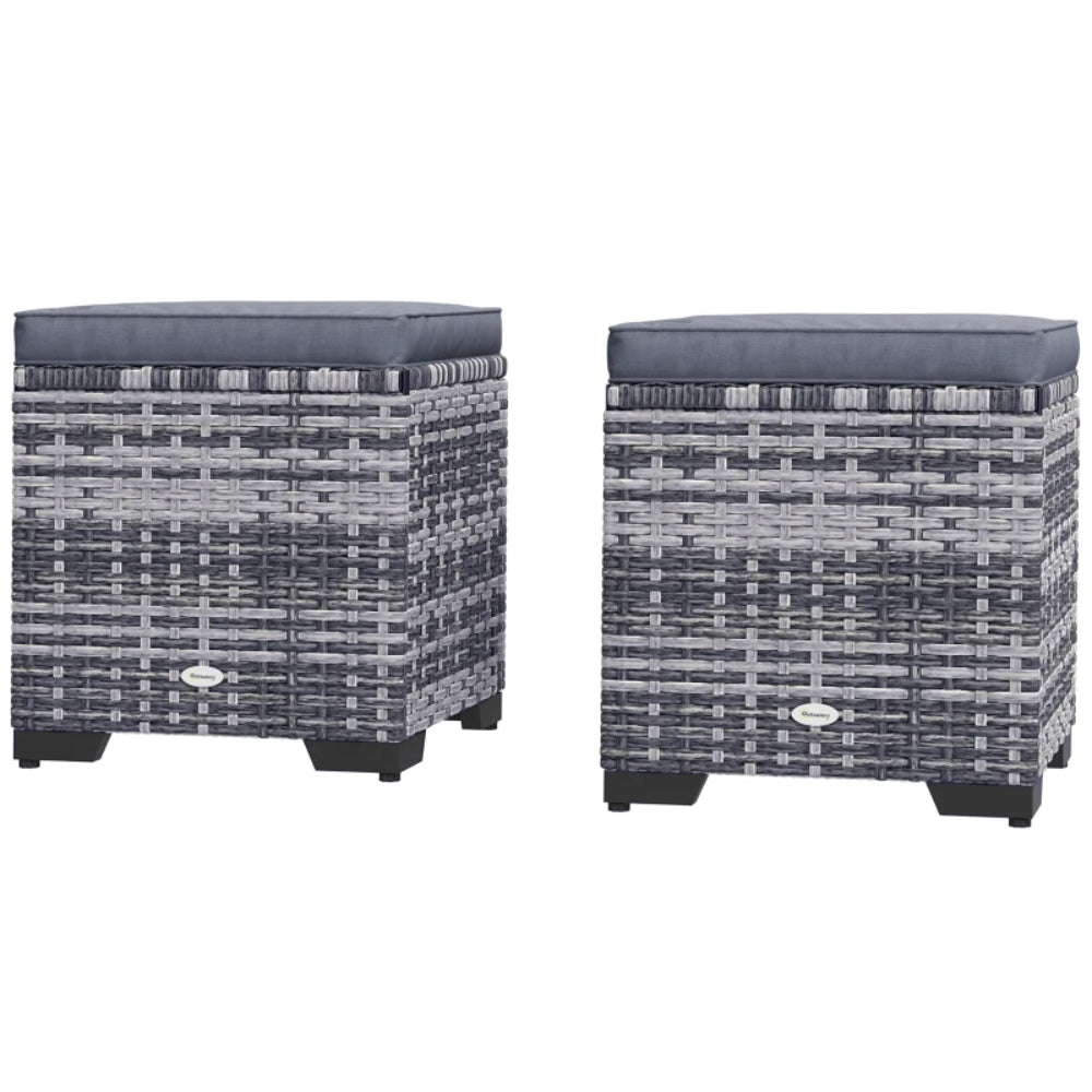 Outsunny Set of 2 Rattan Storage Ottoman, Outdoor Footstool with Removable Cushions, Garden Storage Seat for Balcony, Porch, Living Room