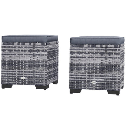 Outsunny Set of 2 Rattan Storage Ottoman, Outdoor Footstool with Removable Cushions, Garden Storage Seat for Balcony, Porch, Living Room
