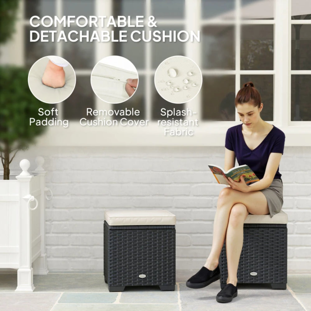 Outsunny Set of 2 Rattan Storage Ottoman, Outdoor Footstool with Removable Cushions, Garden Storage Seat for Balcony, Porch, Living Room