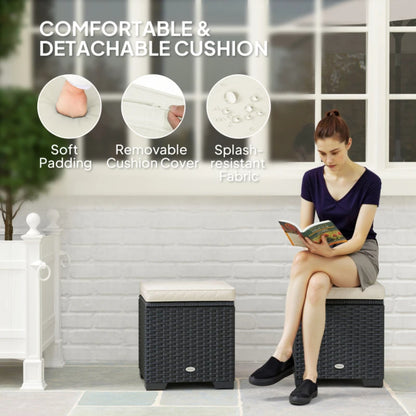 Outsunny Set of 2 Rattan Storage Ottoman, Outdoor Footstool with Removable Cushions, Garden Storage Seat for Balcony, Porch, Living Room