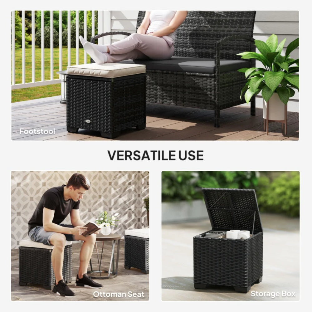 Outsunny Set of 2 Rattan Storage Ottoman, Outdoor Footstool with Removable Cushions, Garden Storage Seat for Balcony, Porch, Living Room