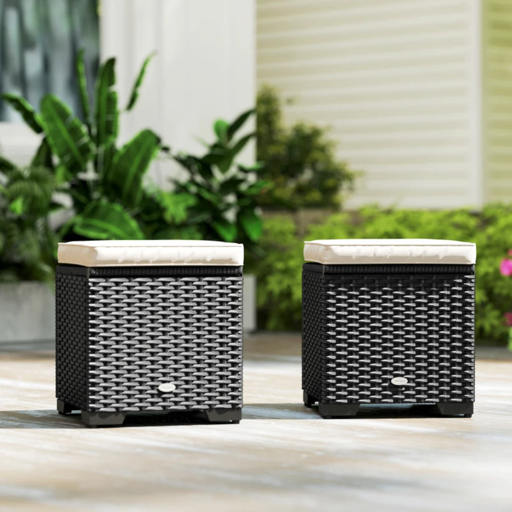 Outsunny Set of 2 Rattan Storage Ottoman, Outdoor Footstool with Removable Cushions, Garden Storage Seat for Balcony, Porch, Living Room
