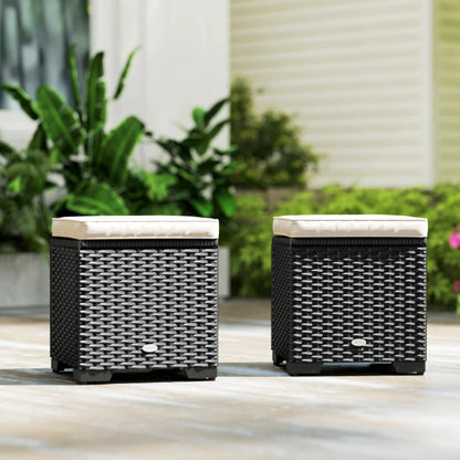 Outsunny Set of 2 Rattan Storage Ottoman, Outdoor Footstool with Removable Cushions, Garden Storage Seat for Balcony, Porch, Living Room