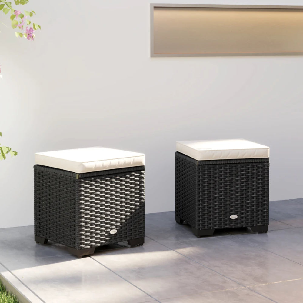 Outsunny Set of 2 Rattan Storage Ottoman, Outdoor Footstool with Removable Cushions, Garden Storage Seat for Balcony, Porch, Living Room