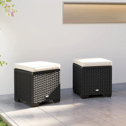 Outsunny Set of 2 Rattan Storage Ottoman, Outdoor Footstool with Removable Cushions, Garden Storage Seat for Balcony, Porch, Living Room