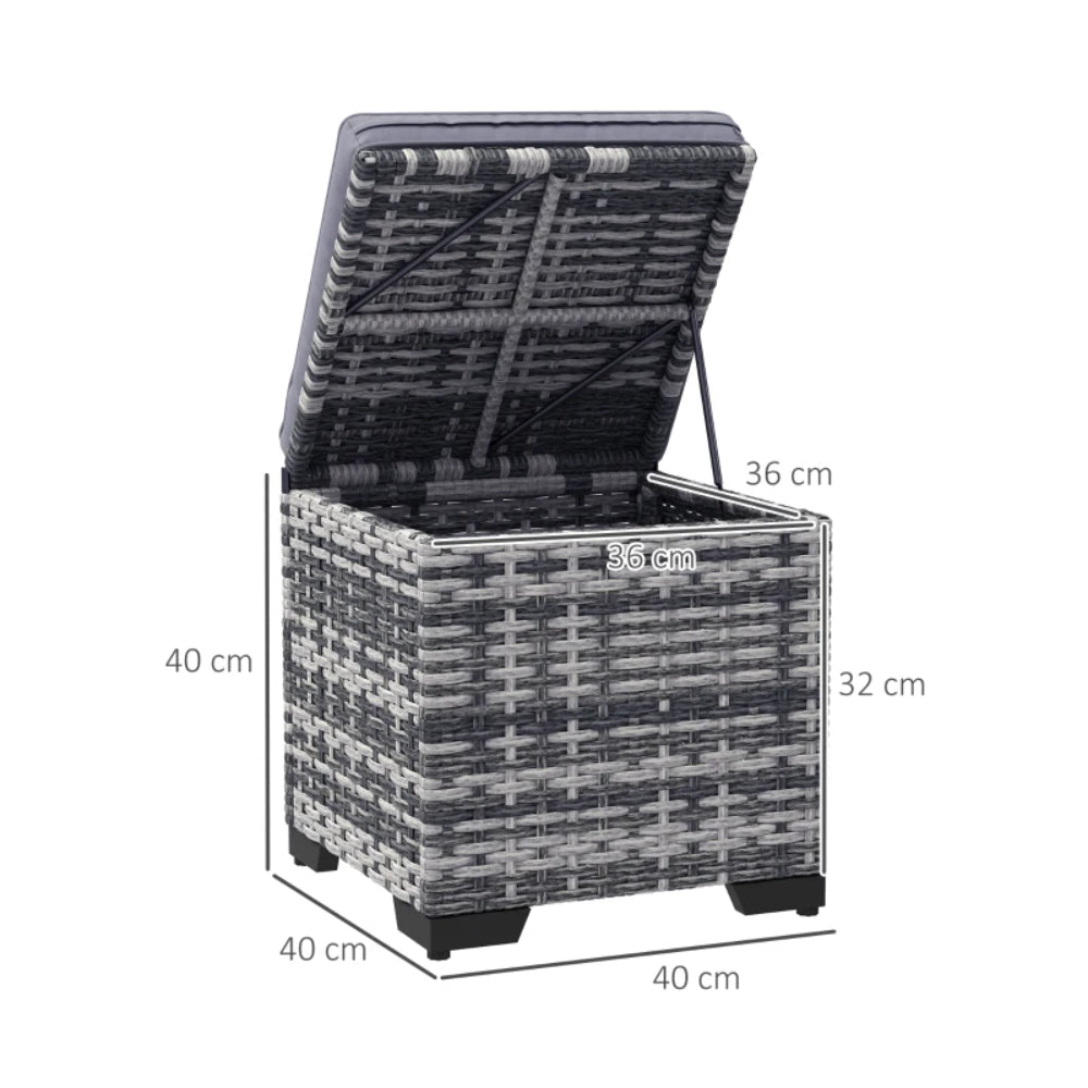 Outsunny Set of 2 Rattan Storage Ottoman, Outdoor Footstool with Removable Cushions, Garden Storage Seat for Balcony, Porch, Living Room