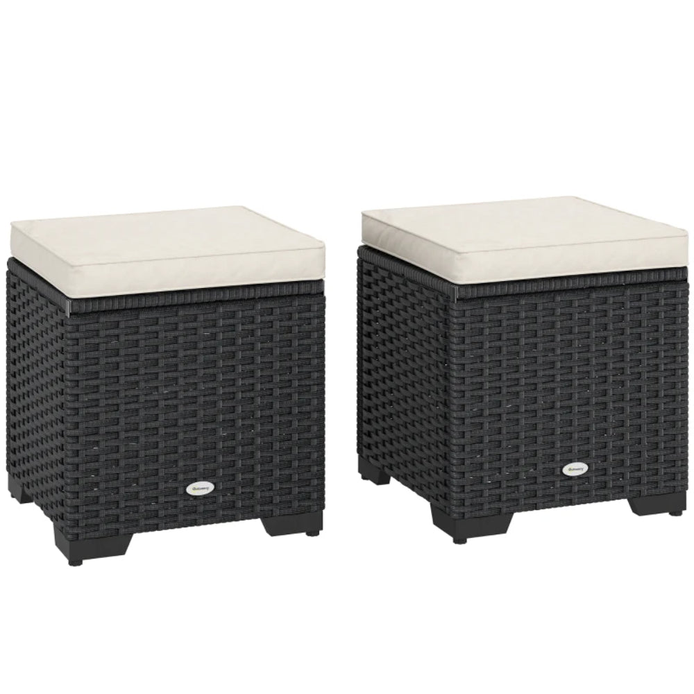 Outsunny Set of 2 Rattan Storage Ottoman, Outdoor Footstool with Removable Cushions, Garden Storage Seat for Balcony, Porch, Living Room