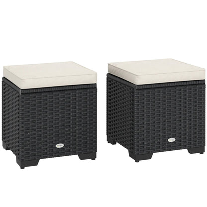 Outsunny Set of 2 Rattan Storage Ottoman, Outdoor Footstool with Removable Cushions, Garden Storage Seat for Balcony, Porch, Living Room