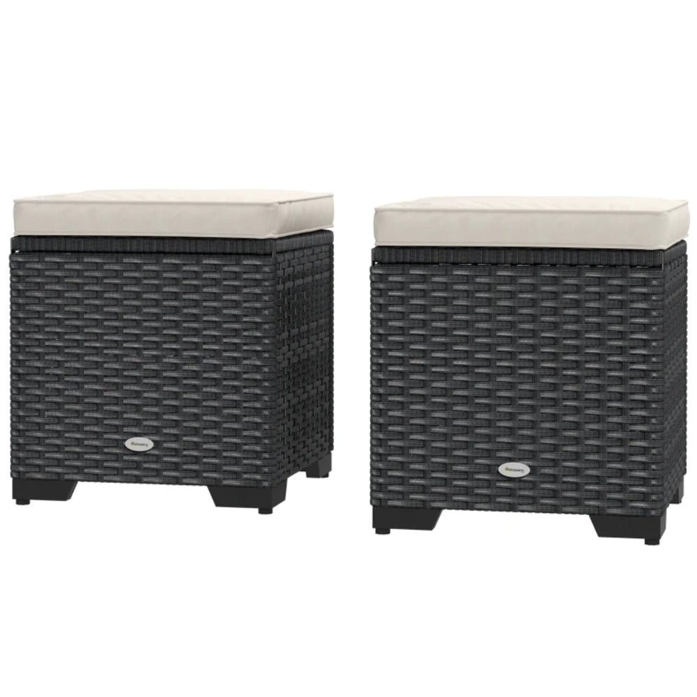 Outsunny Set of 2 Rattan Storage Ottoman, Outdoor Footstool with Removable Cushions, Garden Storage Seat for Balcony, Porch, Living Room