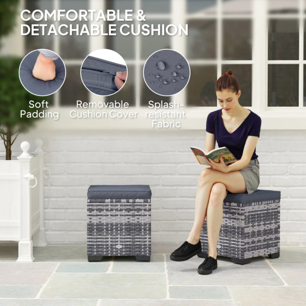 Outsunny Set of 2 Rattan Storage Ottoman, Outdoor Footstool with Removable Cushions, Garden Storage Seat for Balcony, Porch, Living Room