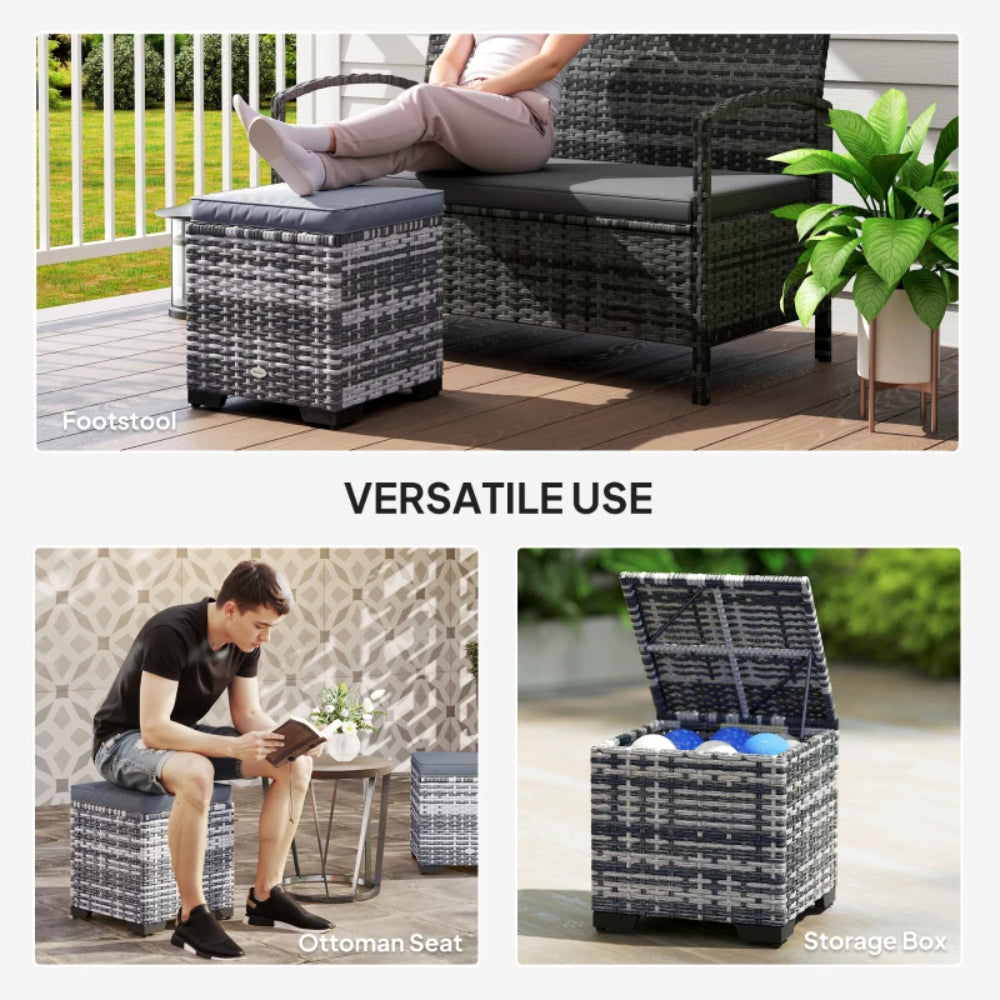 Outsunny Set of 2 Rattan Storage Ottoman, Outdoor Footstool with Removable Cushions, Garden Storage Seat for Balcony, Porch, Living Room