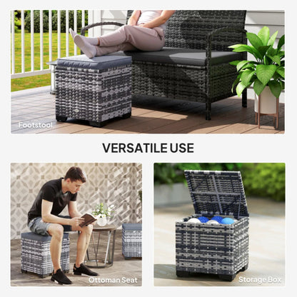 Outsunny Set of 2 Rattan Storage Ottoman, Outdoor Footstool with Removable Cushions, Garden Storage Seat for Balcony, Porch, Living Room