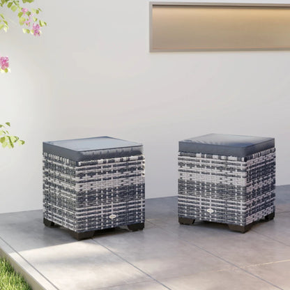 Outsunny Set of 2 Rattan Storage Ottoman, Outdoor Footstool with Removable Cushions, Garden Storage Seat for Balcony, Porch, Living Room