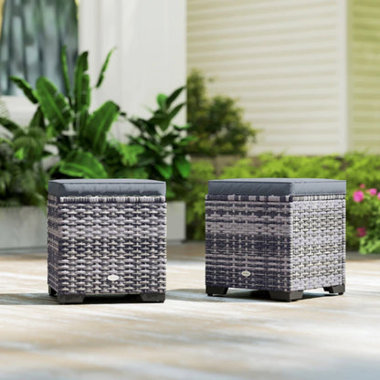 Outsunny Set of 2 Rattan Storage Ottoman, Outdoor Footstool with Removable Cushions, Garden Storage Seat for Balcony, Porch, Living Room