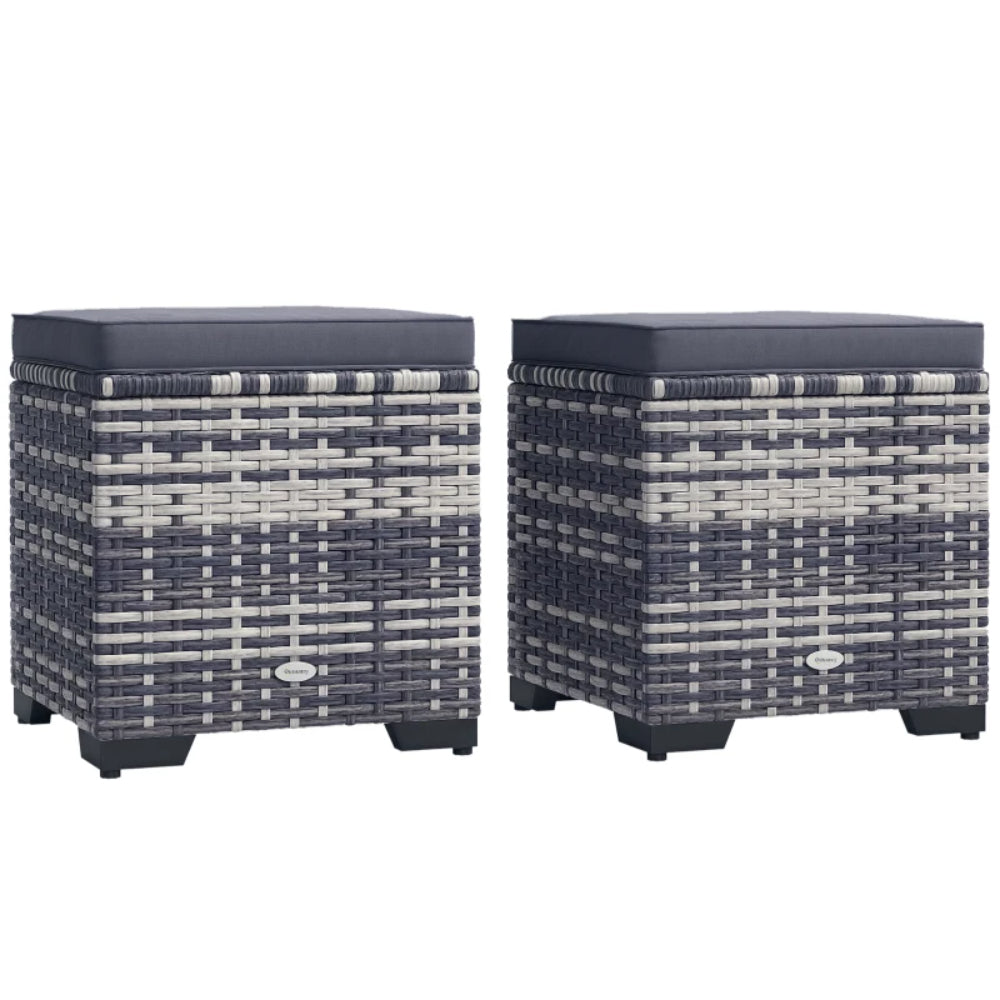 Outsunny Set of 2 Rattan Storage Ottoman, Outdoor Footstool with Removable Cushions, Garden Storage Seat for Balcony, Porch, Living Room