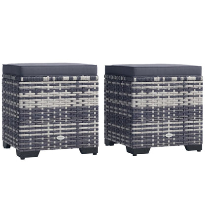 Outsunny Set of 2 Rattan Storage Ottoman, Outdoor Footstool with Removable Cushions, Garden Storage Seat for Balcony, Porch, Living Room