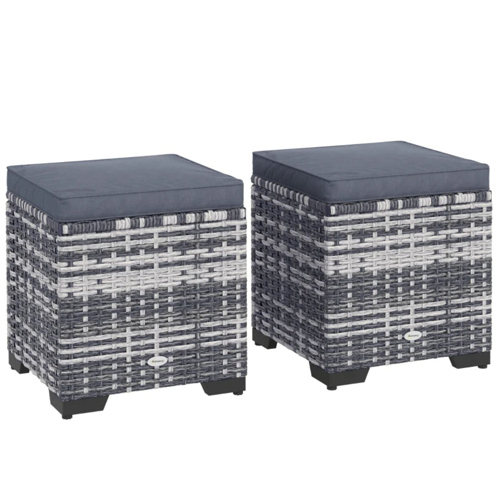 Outsunny Set of 2 Rattan Storage Ottoman, Outdoor Footstool with Removable Cushions, Garden Storage Seat for Balcony, Porch, Living Room