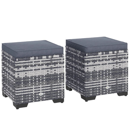 Outsunny Set of 2 Rattan Storage Ottoman, Outdoor Footstool with Removable Cushions, Garden Storage Seat for Balcony, Porch, Living Room