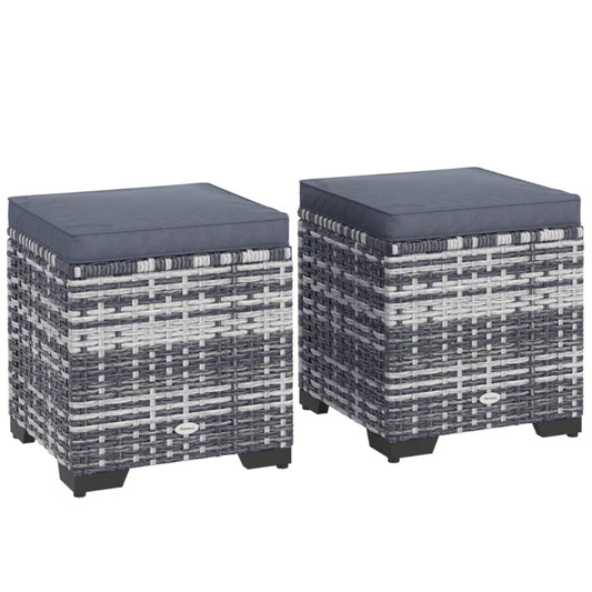 Outsunny Set of 2 Rattan Storage Ottoman, Outdoor Footstool with Removable Cushions, Garden Storage Seat for Balcony, Porch, Living Room