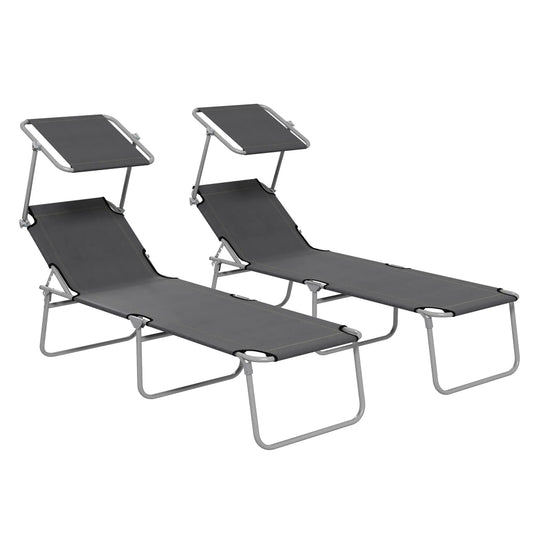 Outsunny Folding Sun Lounger Set of 2 with Canopy, Reclining Sunbed with 4-Position Adjustable Backrest, 600D Oxford Cloth, Portable Garden Lounger Recliner Chair for Beach, Camping, Patio 