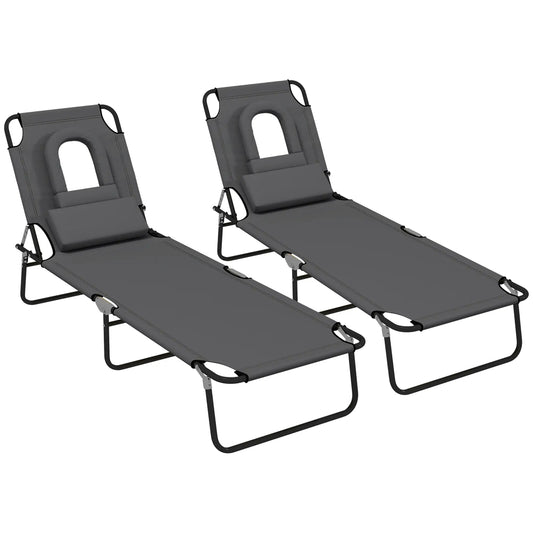 Outsunny Folding Sun Loungers Set of 2 with Face Hole, 4-Position Adjustable Backrest Garden Recliner Chair Sunbed, Outdoor Lounge Chair with 500 D Oxford Cloth Seat, Pillow for Beach 